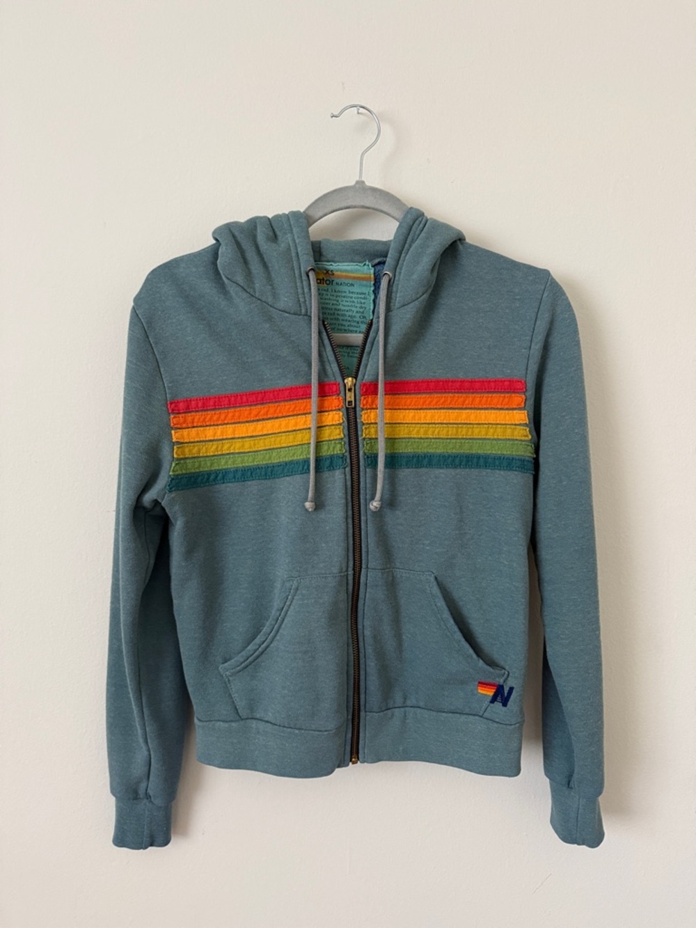 Aviator Nation Teal Zip Hoodie with Rainbow Stripes
